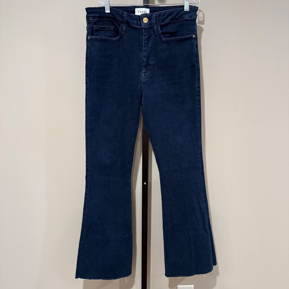 Frame Le One Flare Jeans Raw Hem Dark Wash Size 2 LOF630 Keller